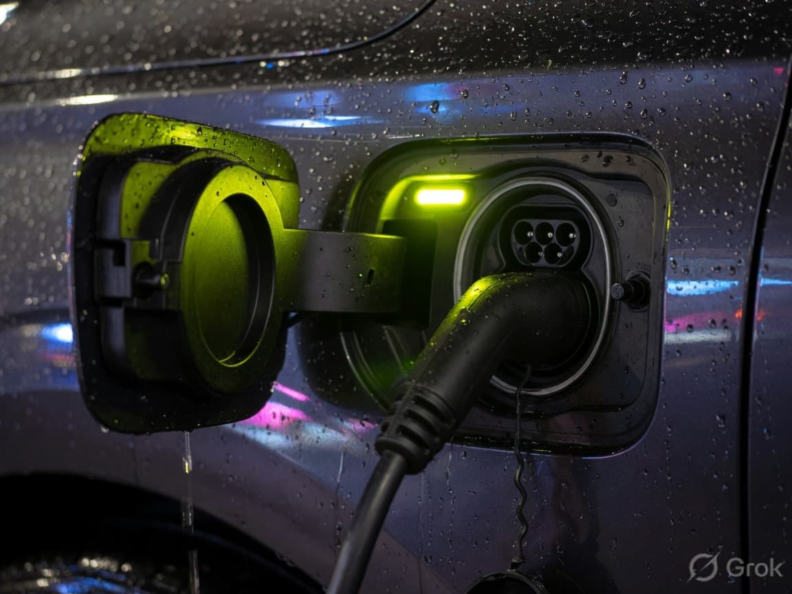 Close-up of a rain-soaked charge port with the cable locked and a lime indicator lit