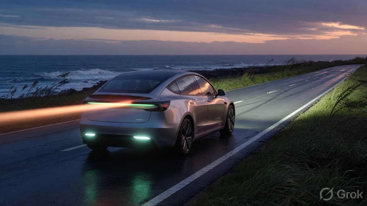 Silver electric sedan on a coastal road at dusk, taillight bar glowing